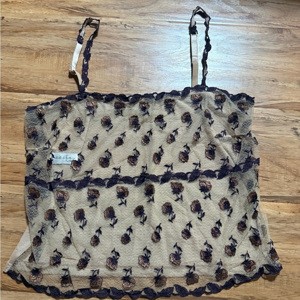 Embroidered Sheer Rose-Print Cami Top - Beige & Black